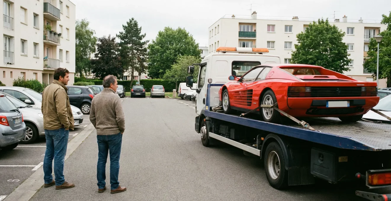 Chargement d'une supercar sur un plateau de transport professionnel