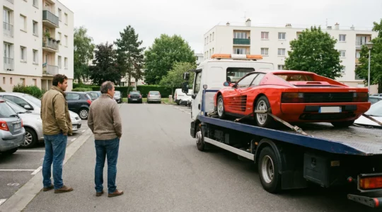 Chargement d'une supercar sur un plateau de transport professionnel