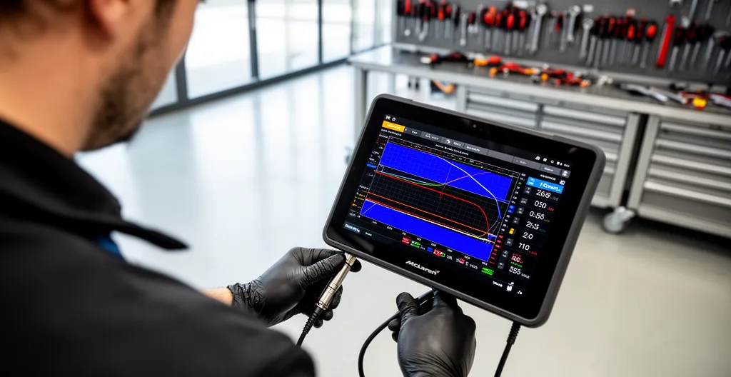 Écran de diagnostic connecté à une McLaren affichant données moteur