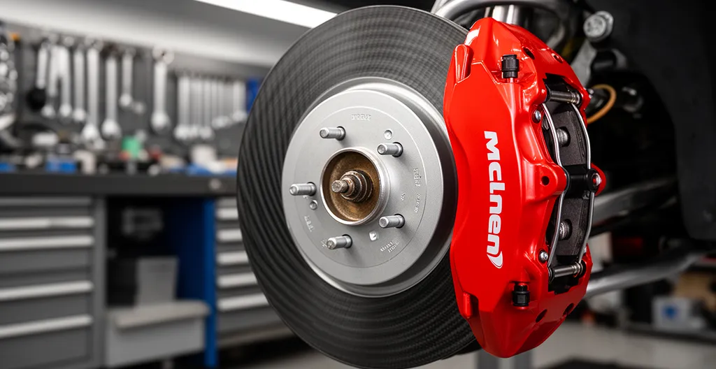 Gros plan sur disque et étrier de frein céramique carbone McLaren