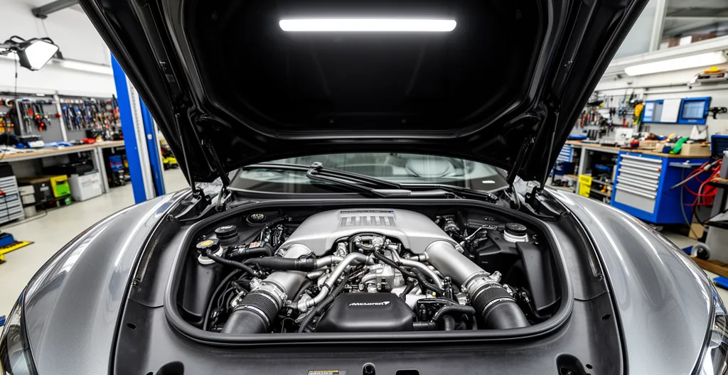 Compartiment moteur V8 biturbo McLaren sous capot arrière ouvert
