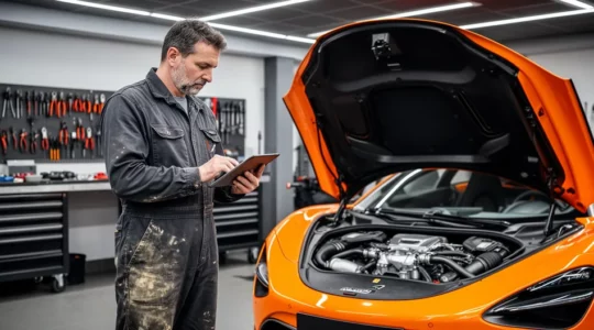 Technicien spécialisé McLaren consultant une tablette devant une supercar orange capot ouvert