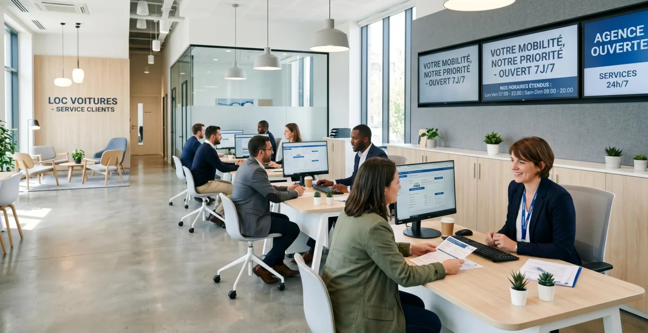 Centre de service client d'agence de location avec équipes disponibles et écrans affichant les horaires d'ouverture étendus