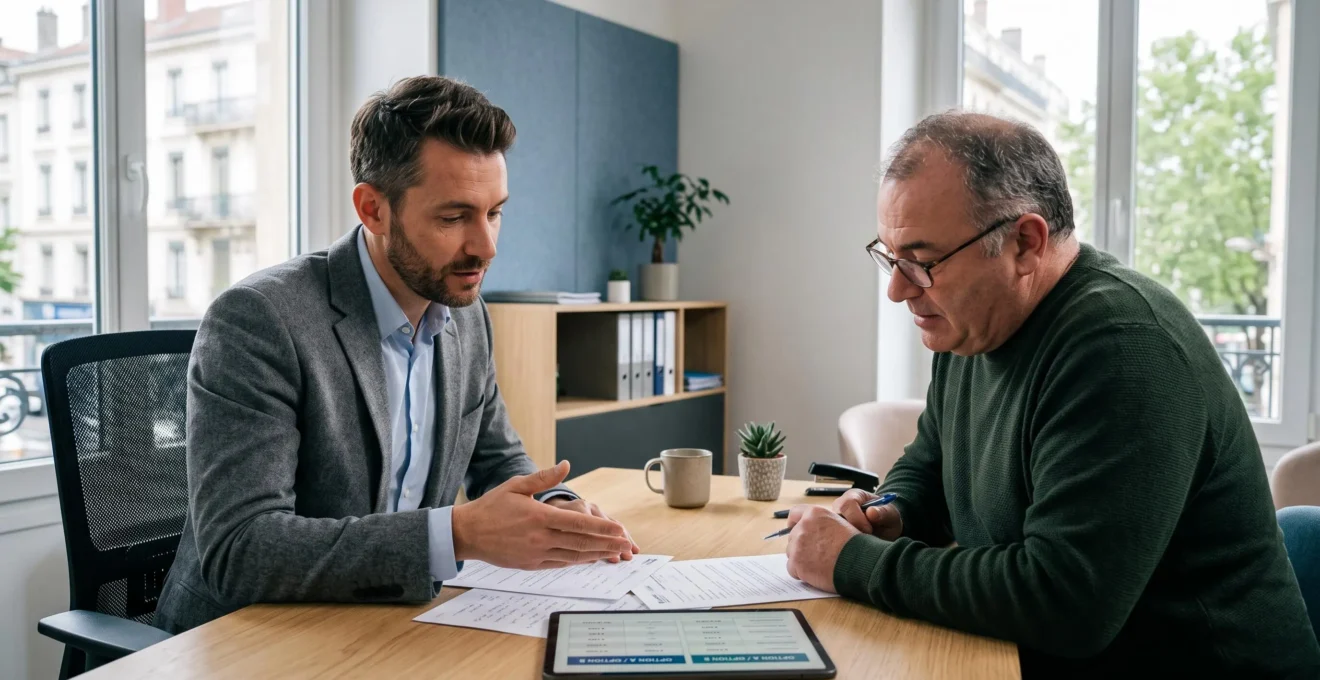 Conseiller en assurances et client discutant des formules de garanties dans un bureau d'agence, documents comparatifs sur le bureau