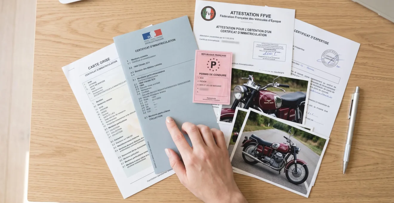 Vue de dessus de documents administratifs pour assurance moto de collection disposés sur un bureau : carte grise collection, permis de conduire, photos de moto ancienne, attestation de valeur