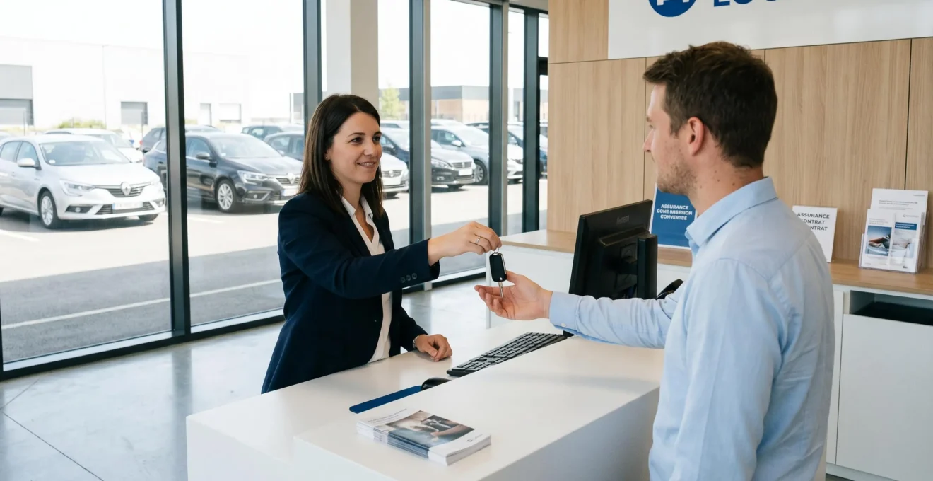 Employé d'agence de location remettant des clés de voiture à un client dans un comptoir d'accueil moderne avec véhicules visibles en arrière-plan