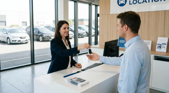 Employé d'agence de location remettant des clés de voiture à un client dans un comptoir d'accueil moderne avec véhicules visibles en arrière-plan