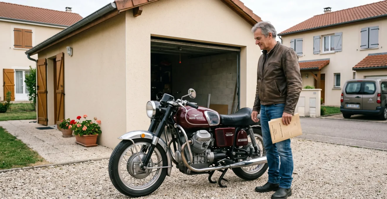 Propriétaire de moto de collection debout à côté de sa moto ancienne restaurée, tenant un dossier de documents, devant son garage privatif en France