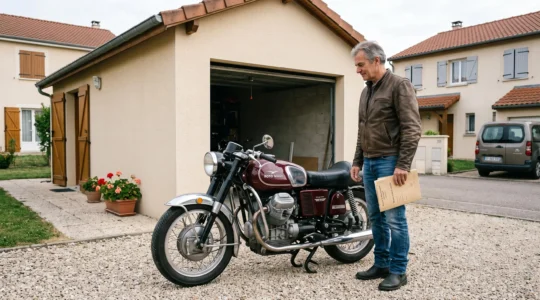 Propriétaire de moto de collection debout à côté de sa moto ancienne restaurée, tenant un dossier de documents, devant son garage privatif en France