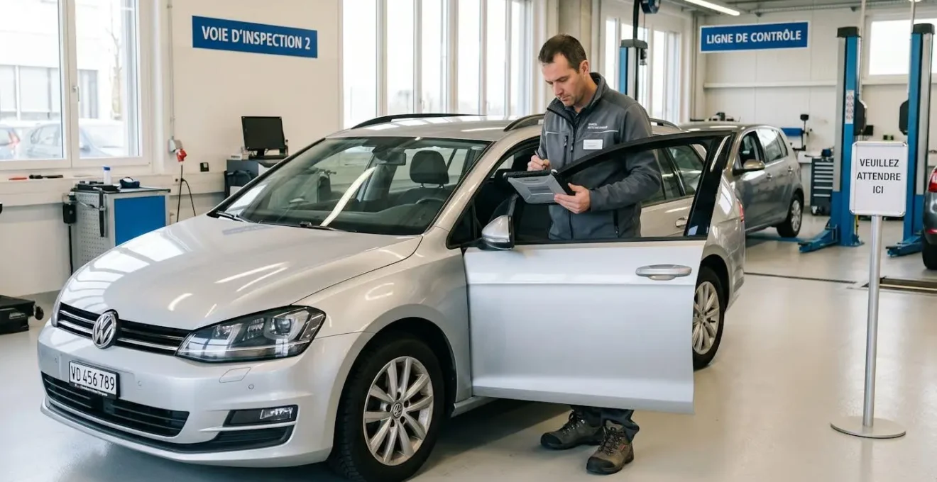 Technicien professionnel effectuant un contrôle d'état détaillé d'un véhicule de location avec tablette numérique